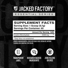 Jacked Factory Creatine Monohydrate tub back label lists ingredients and certs.