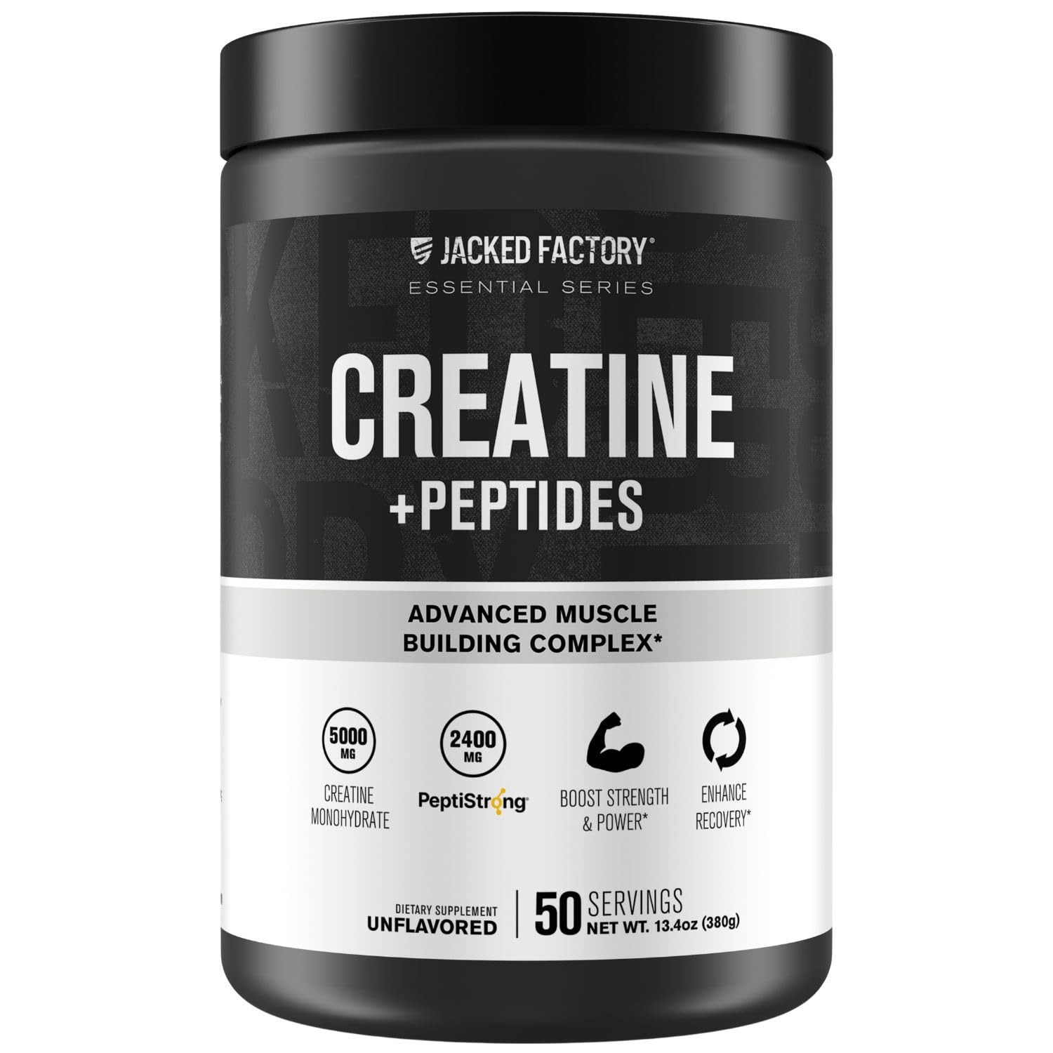 Jacked Factory Creatine + Peptides bottle showing unflavored blend designed for muscle support