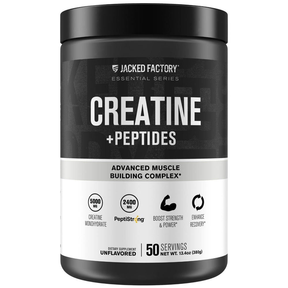 Jacked Factory Creatine + Peptides bottle showing unflavored blend designed for muscle support