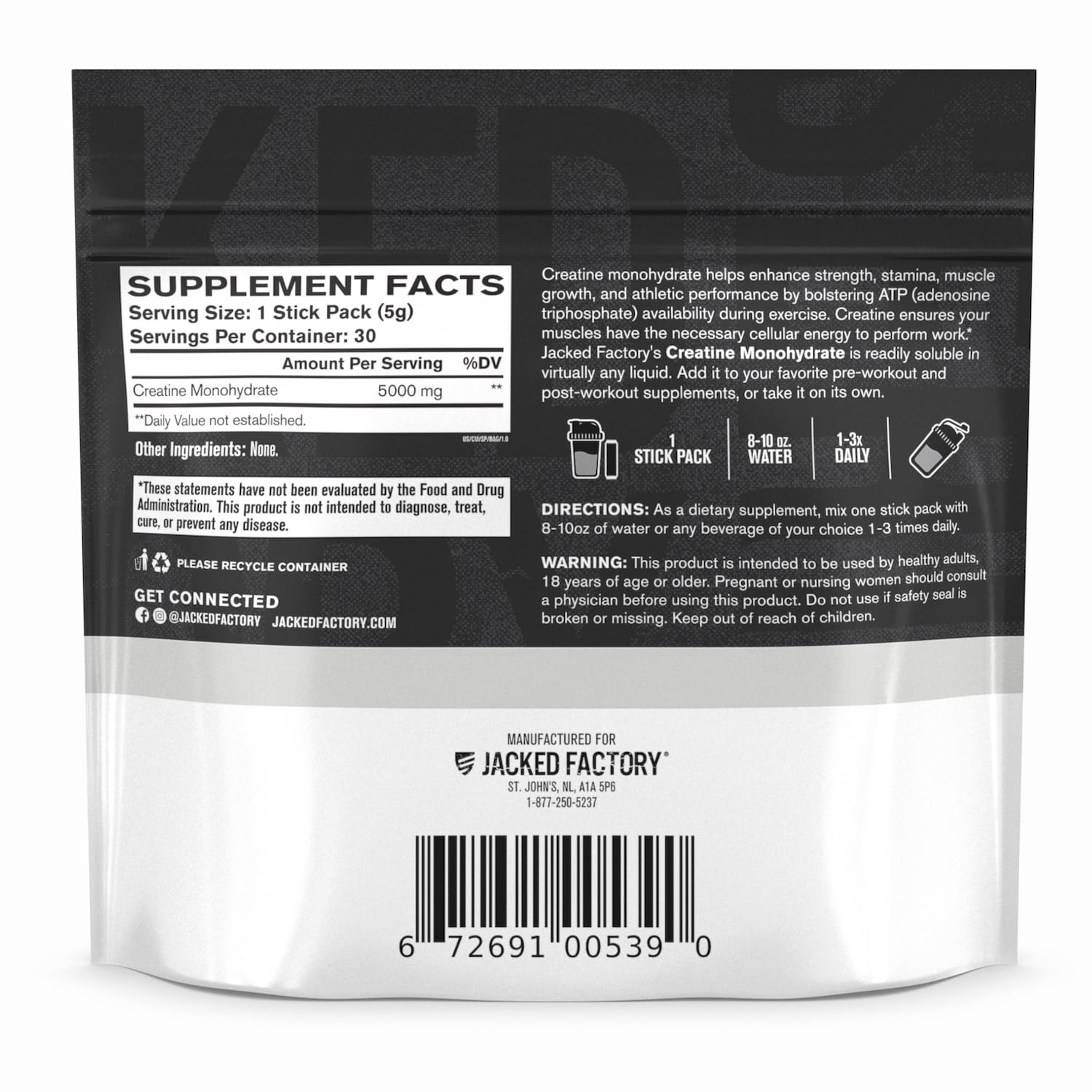 Jacked Factory Creatine stick pack 30 servings box for consistent daily routine.