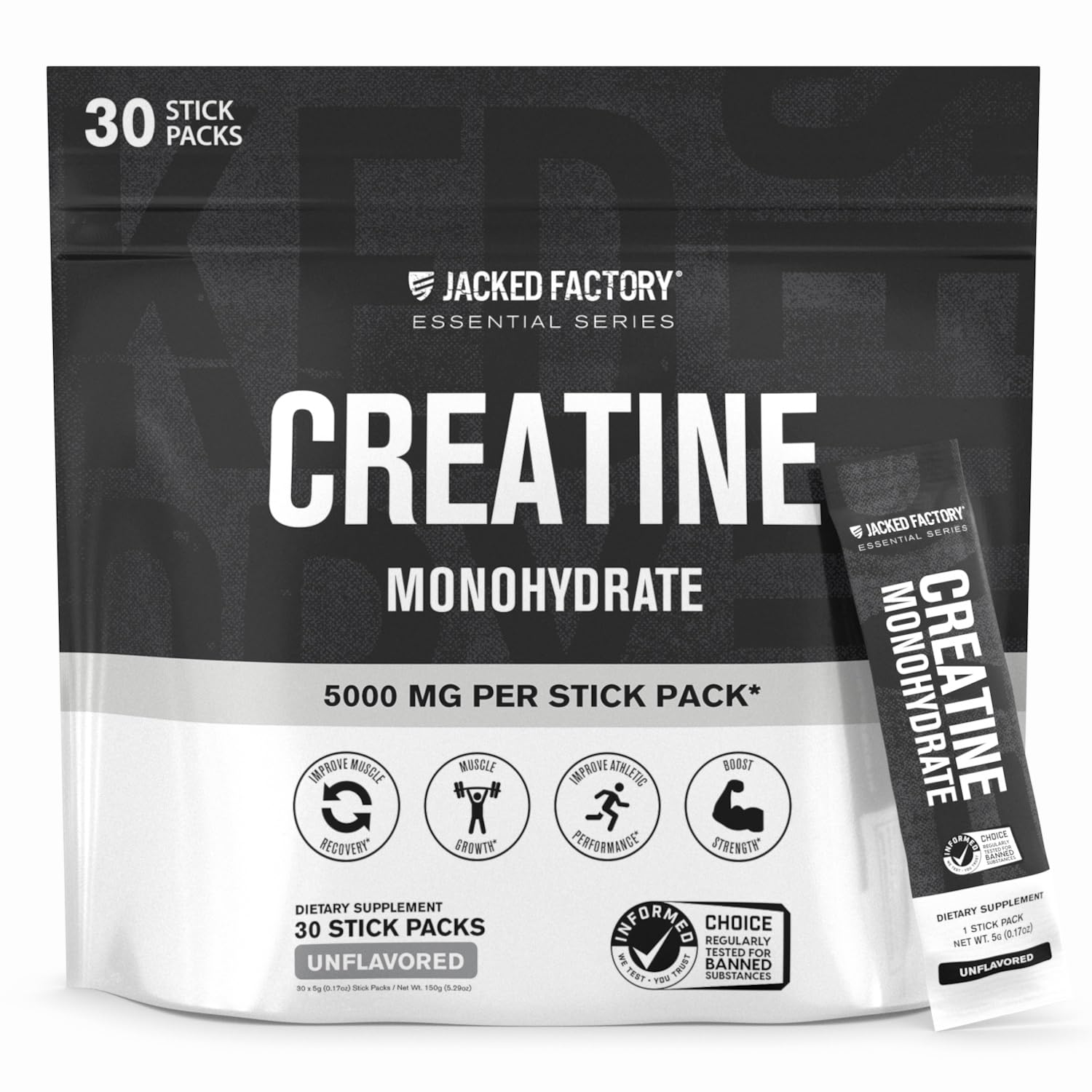 Jacked Factory Creatine stick pack box front, ready to support workouts and energy.