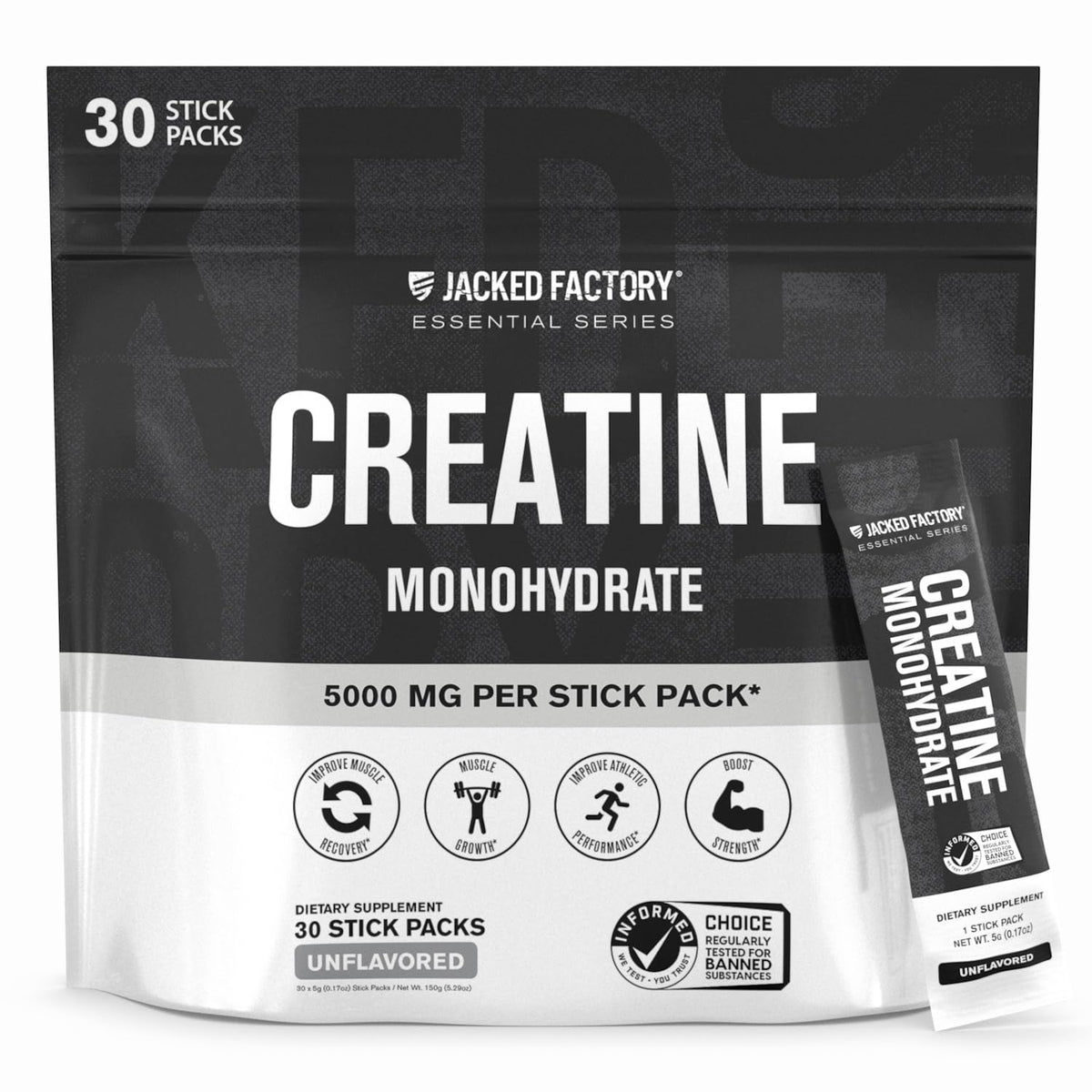 Jacked Factory Creatine stick pack box front, ready to support workouts and energy.