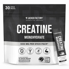 Jacked Factory Creatine stick pack box front, ready to support workouts and energy.