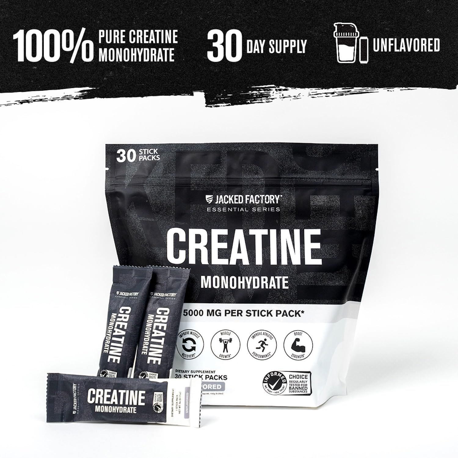 Jacked Factory Creatine stick pack serving, convenient daily dose for training.
