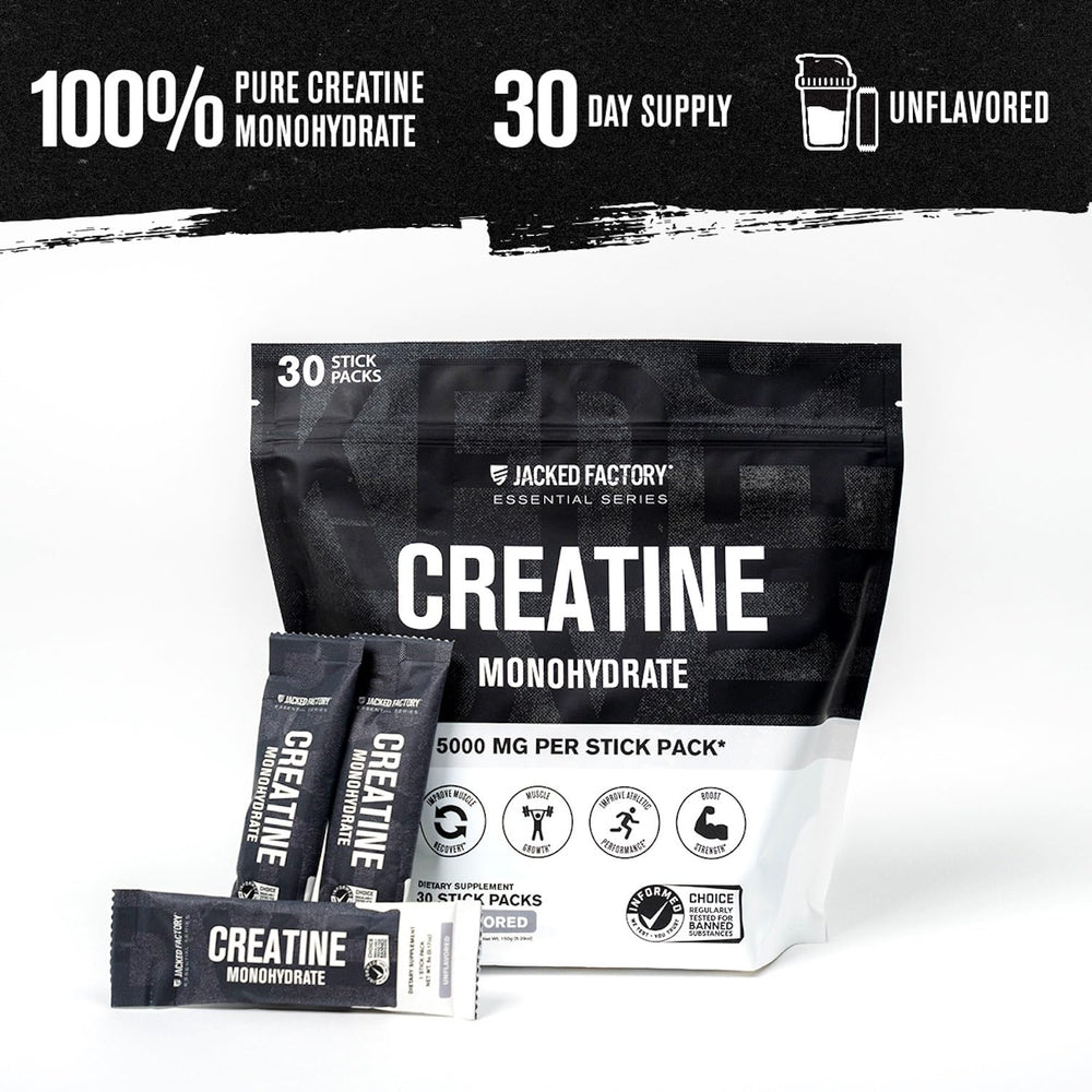 Jacked Factory Creatine stick pack serving, convenient daily dose for training.