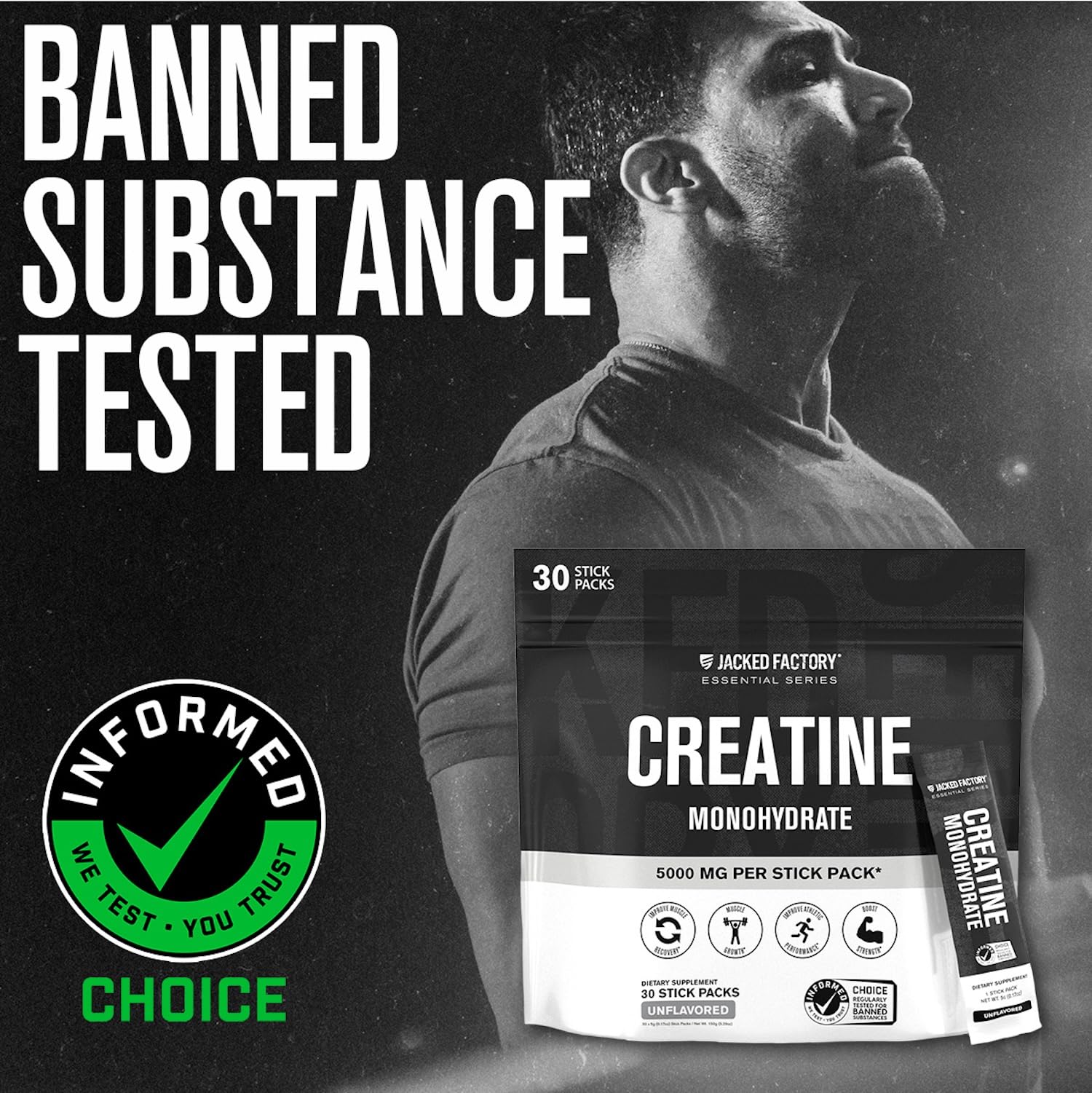 Jacked Factory Creatine stick pack third-party tested label ensuring quality and purity.