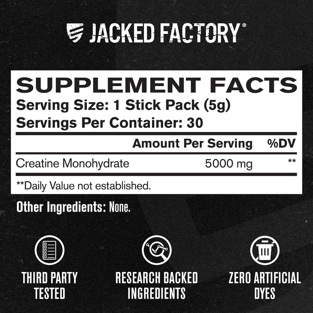 Jacked Factory Creatine stick pack unflavored design for versatile stacking at home.