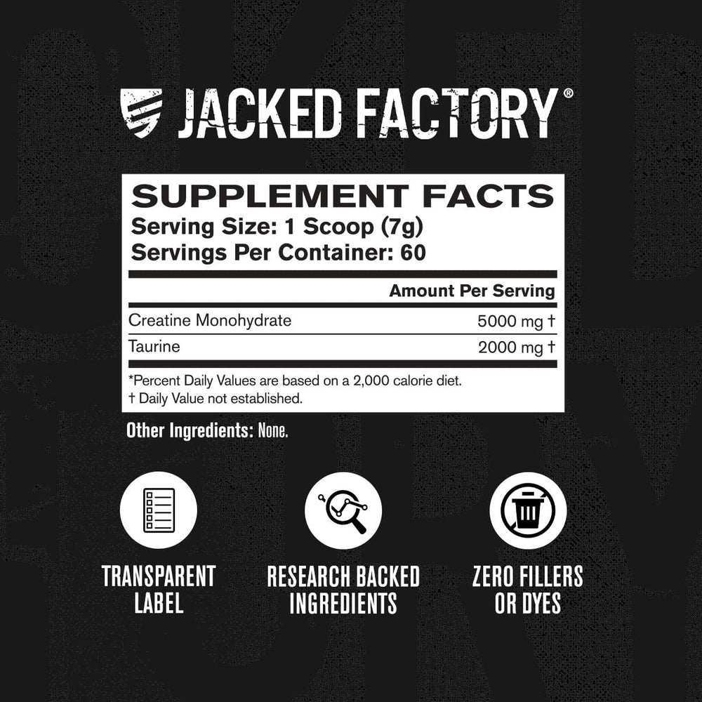 Jacked Factory Creatine + Taurine athlete training scene, shows performance focus.