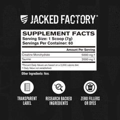 Jacked Factory Creatine + Taurine athlete training scene, shows performance focus.
