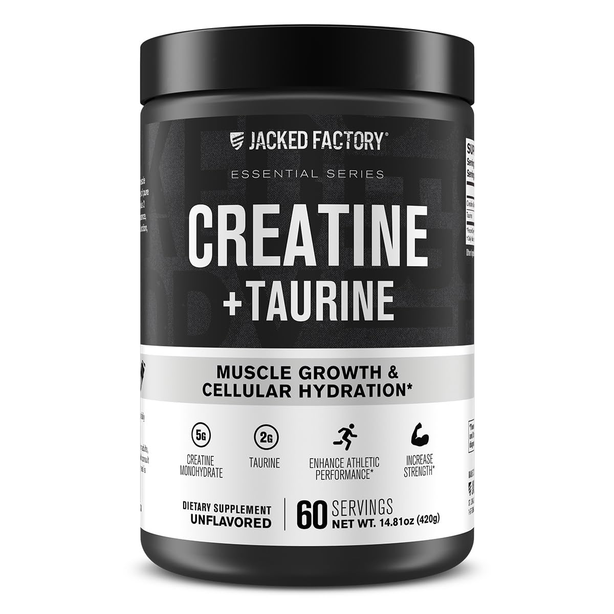 Jacked Factory Creatine + Taurine bottle closed, ready for daily training support.