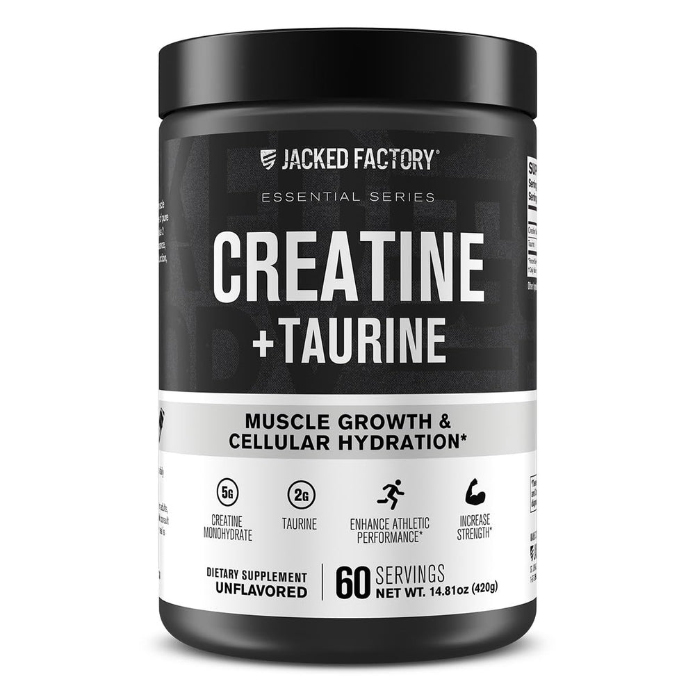 Jacked Factory Creatine + Taurine bottle closed, ready for daily training support.