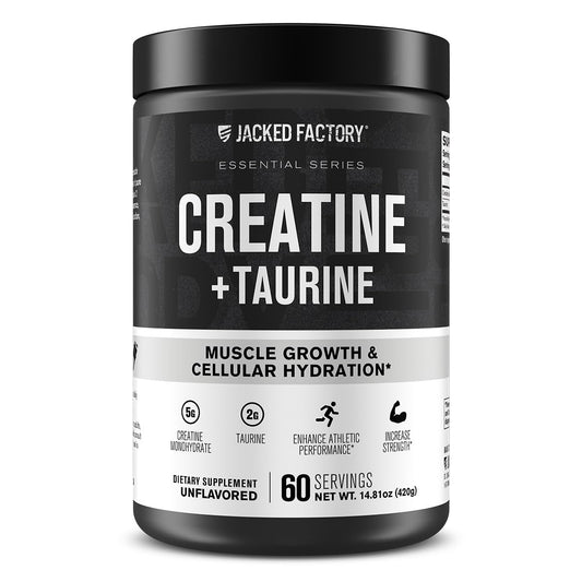 Jacked Factory Creatine + Taurine bottle closed, ready for daily training support.