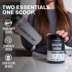 Jacked Factory Creatine + Taurine bottle pour, easy to mix for workouts.