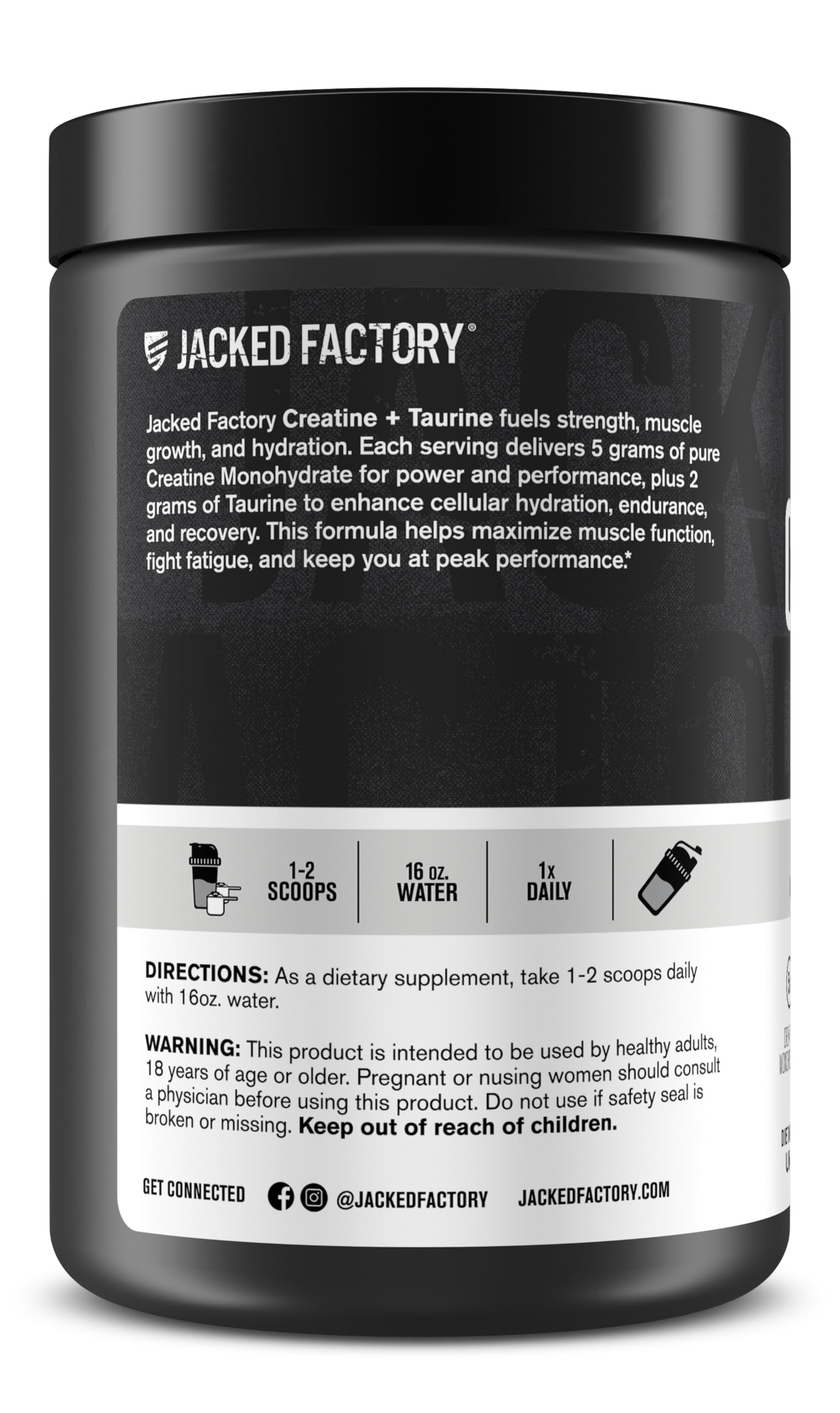 Jacked Factory Creatine + Taurine closeup powder, premium mixability.