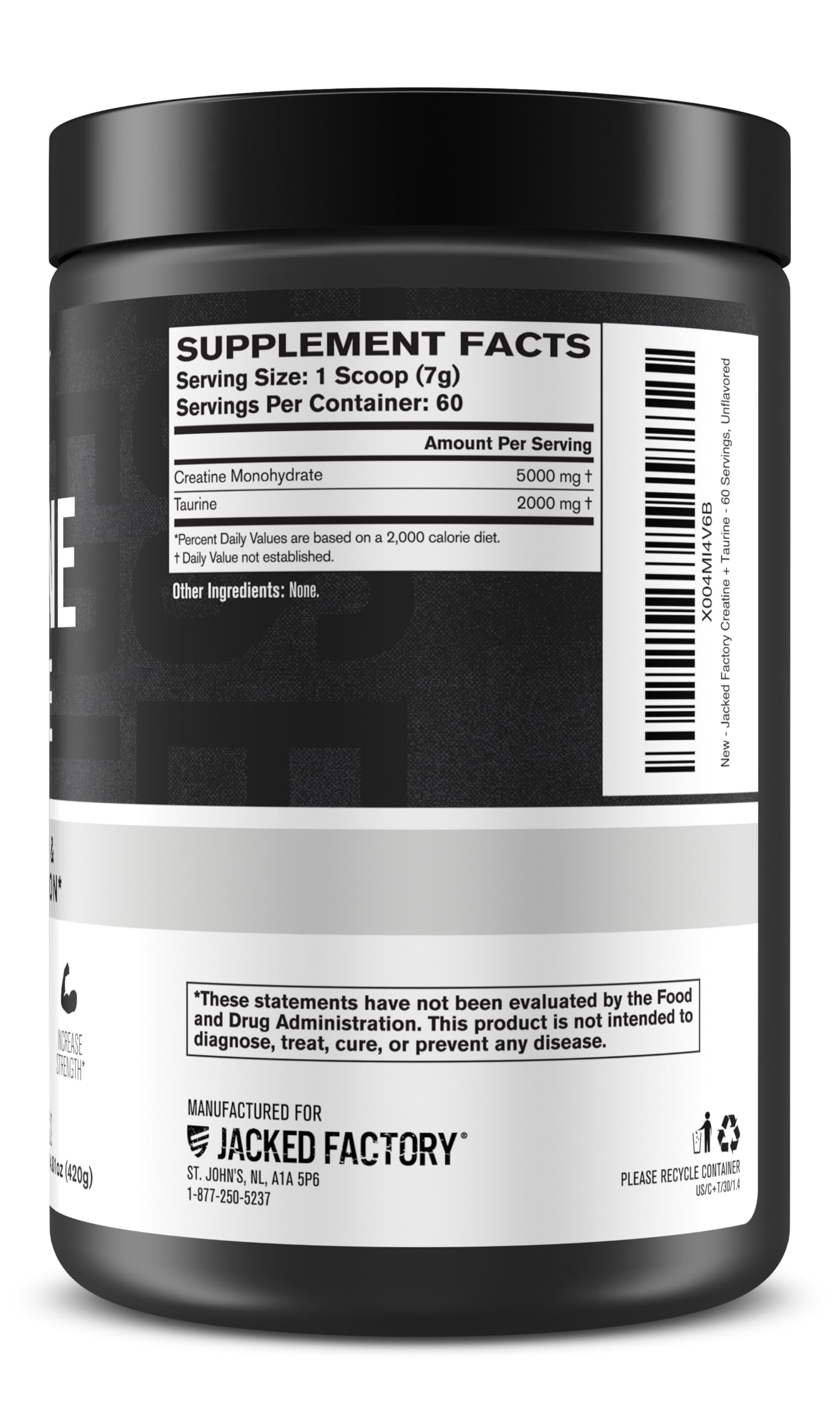 Jacked Factory Creatine + Taurine tub on shelf, convenient daily storage.