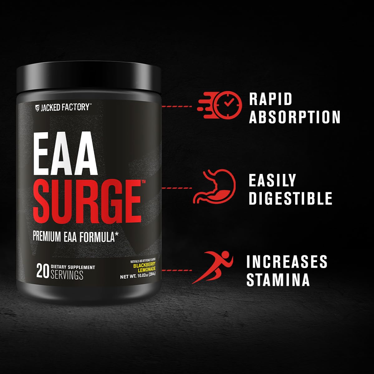 Jacked Factory EAA Surge Amino9 blend close-up showing key amino acids