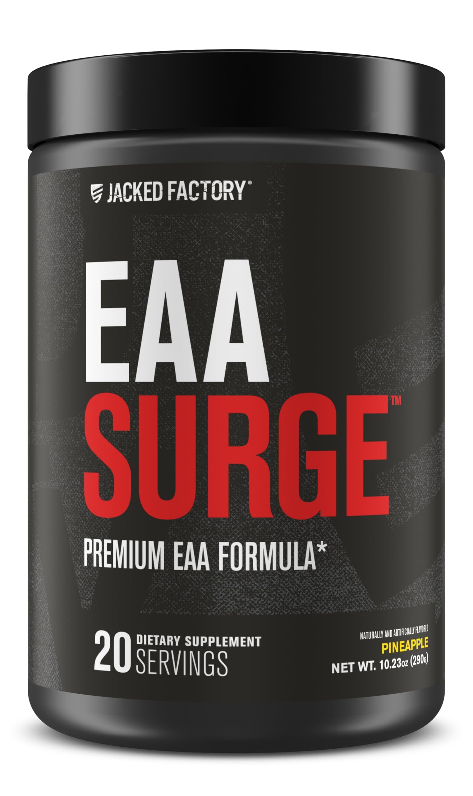 Jacked Factory EAA Surge pineapple bottle label highlighting intra-workout formula