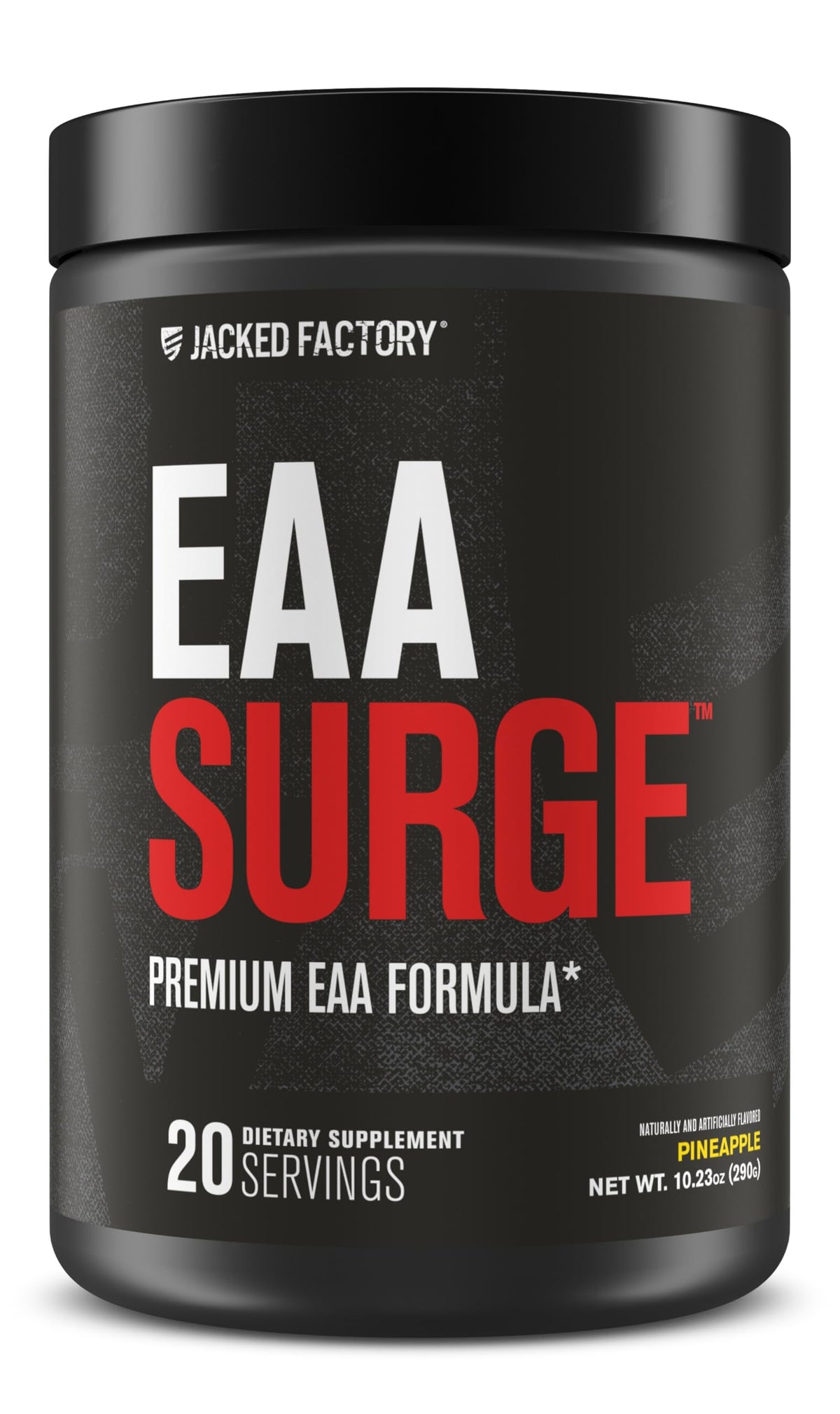 Jacked Factory EAA Surge pineapple bottle label highlighting intra-workout formula