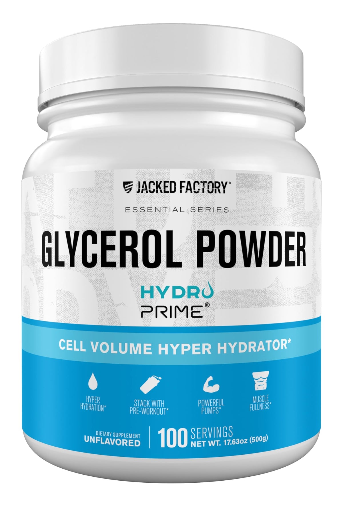 Jacked Factory Glycerol Pump Powder bottle promotes deeper hydration for demanding workouts.