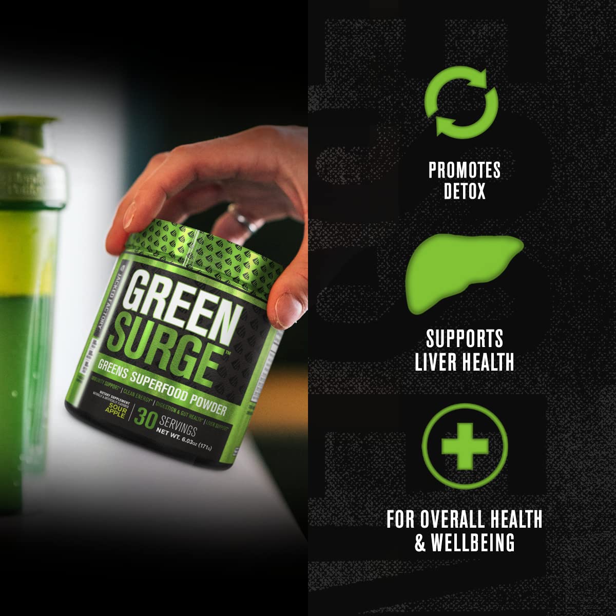 Jacked Factory Green Surge daily shake glass illustrates a refreshing antioxidant greens drink