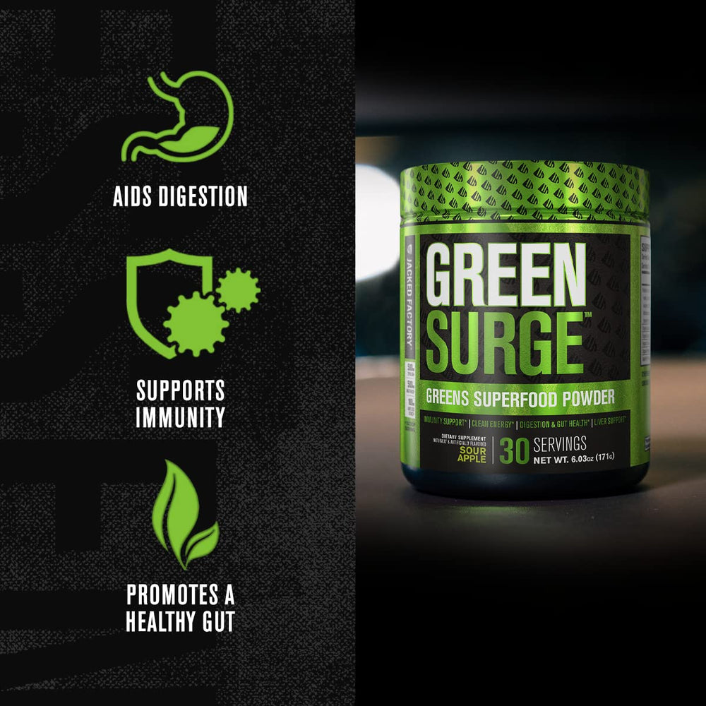 Jacked Factory Green Surge label detail highlights organic ingredients and probiotic blend