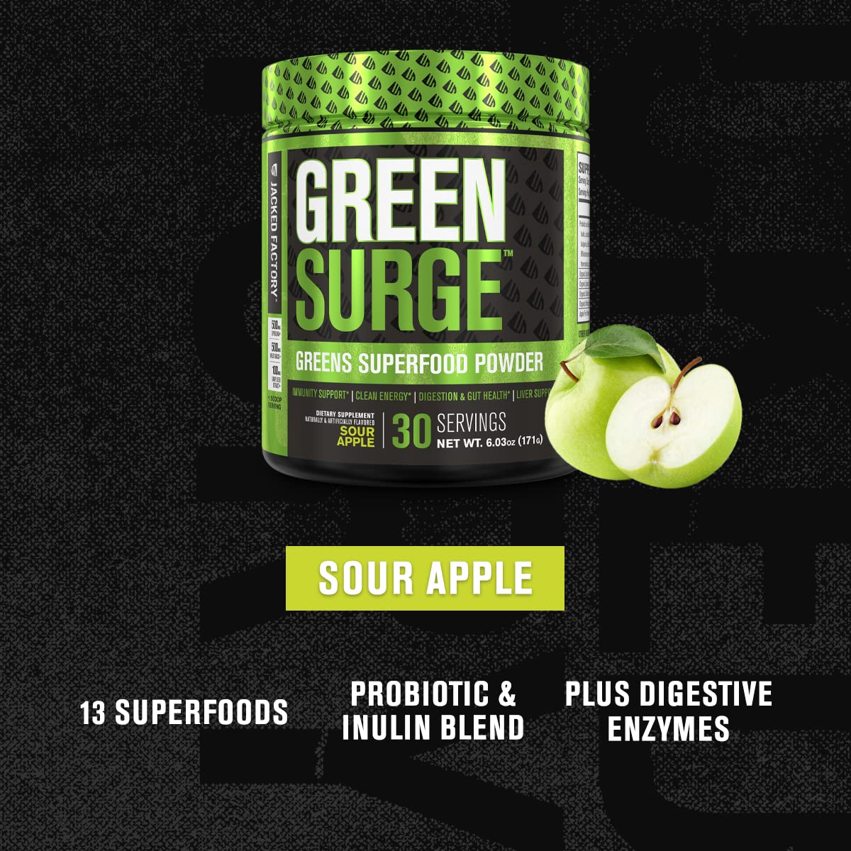Jacked Factory Green Surge powder spoon emphasizes easy mixing and on-the-go nutrition