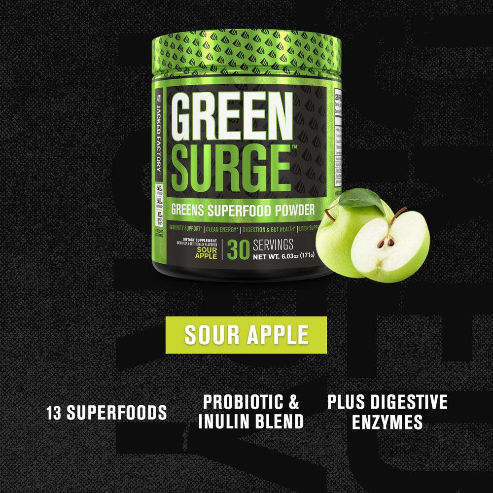 Jacked Factory Green Surge powder spoon emphasizes easy mixing and on-the-go nutrition
