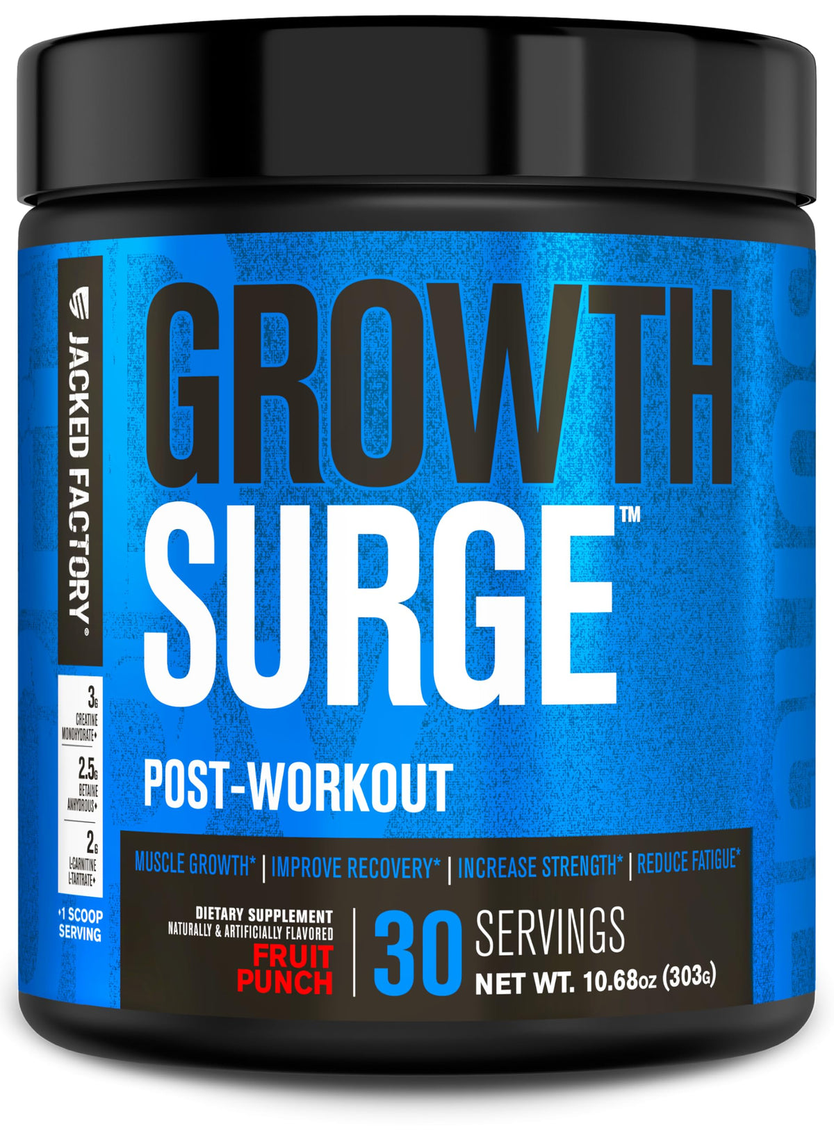 Jacked Factory Growth Surge bottle front showing branding and post-workout recovery focus