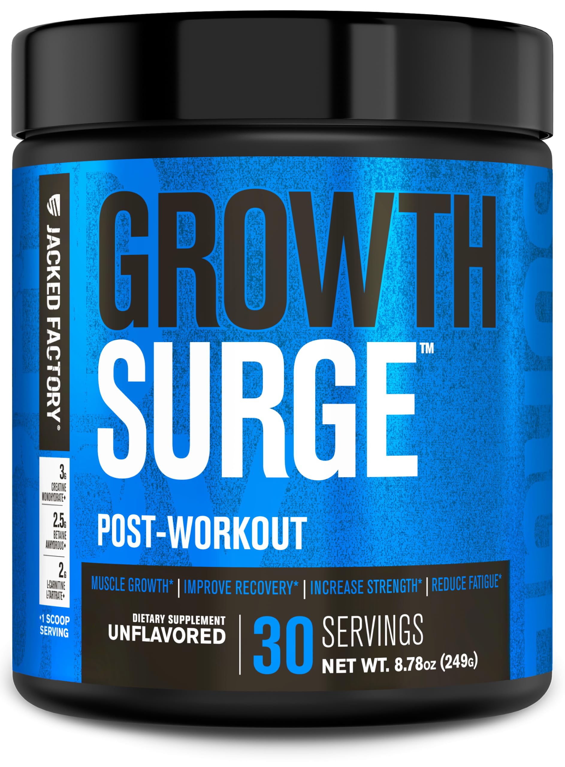 Jacked Factory Growth Surge bottle shown, supporting post-workout recovery and lean muscle growth.