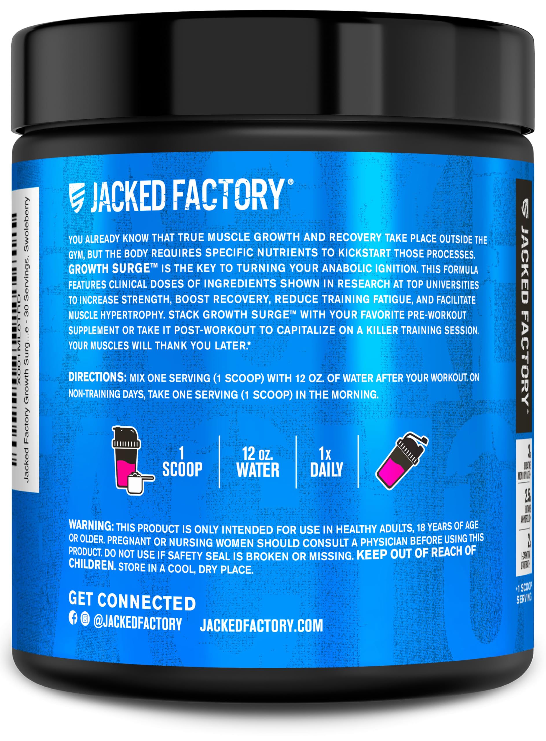 Premium creatine monohydrate note on Growth Surge packaging