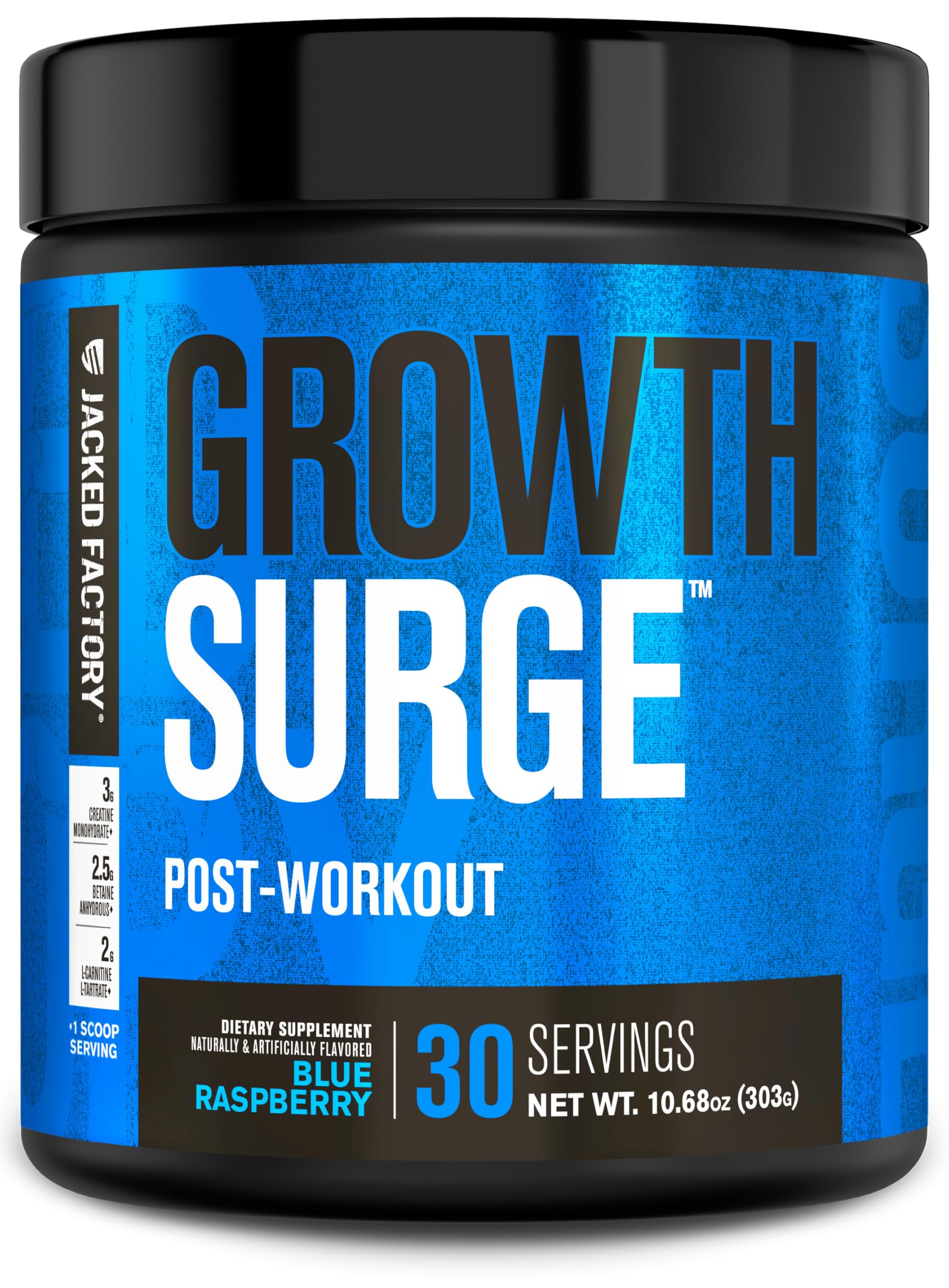 Jacked Factory Growth Surge powder with scoop signaling post-workout support