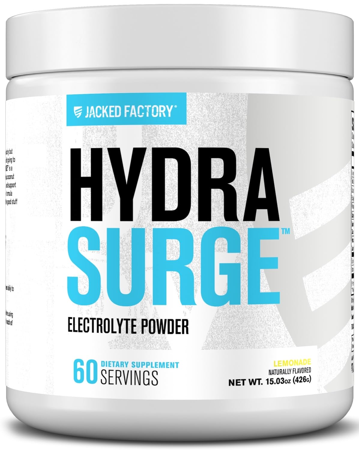 Jacked Factory Hydrasurge lemonade powder tub ready for workout hydration.