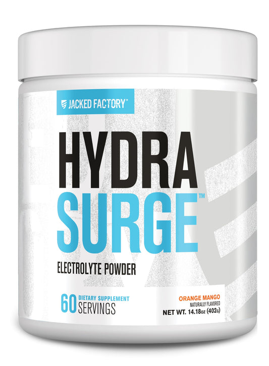 Jacked Factory Hydrasurge orange mango powder tub for hydration support