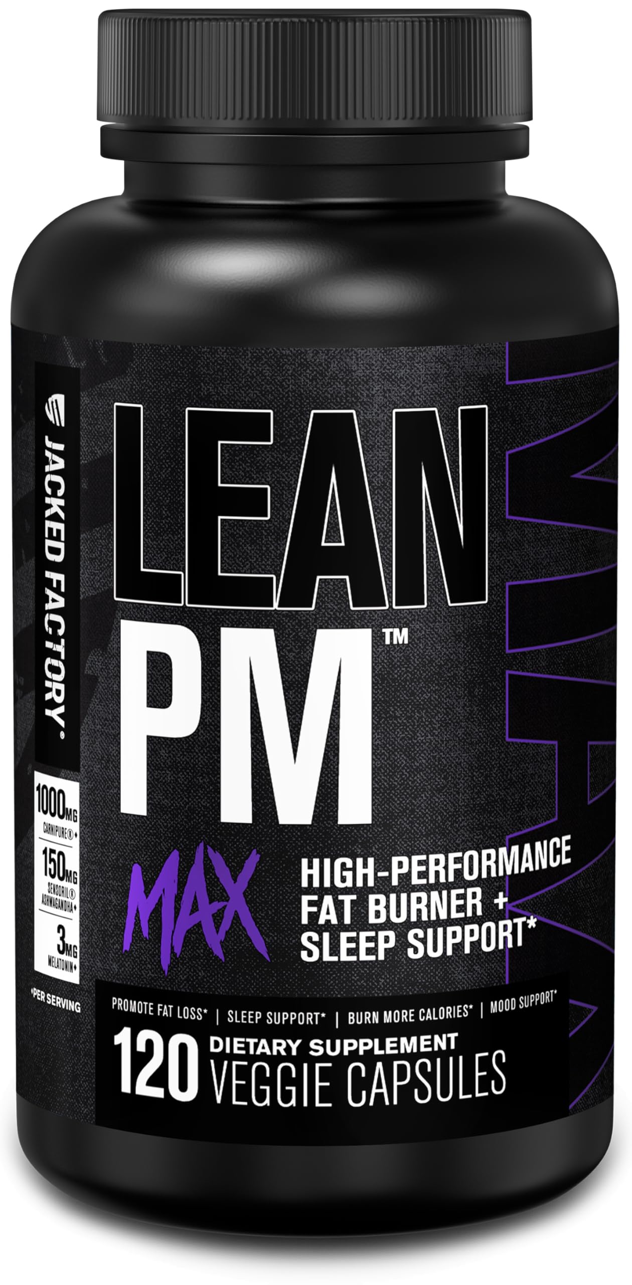 Jacked Factory Lean PM Max bottle with capsules for overnight metabolism support.