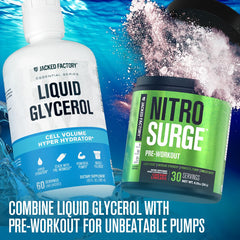Jacked Factory Liquid Glycerol bottle beside flexed arm emphasizes potential muscle pumps