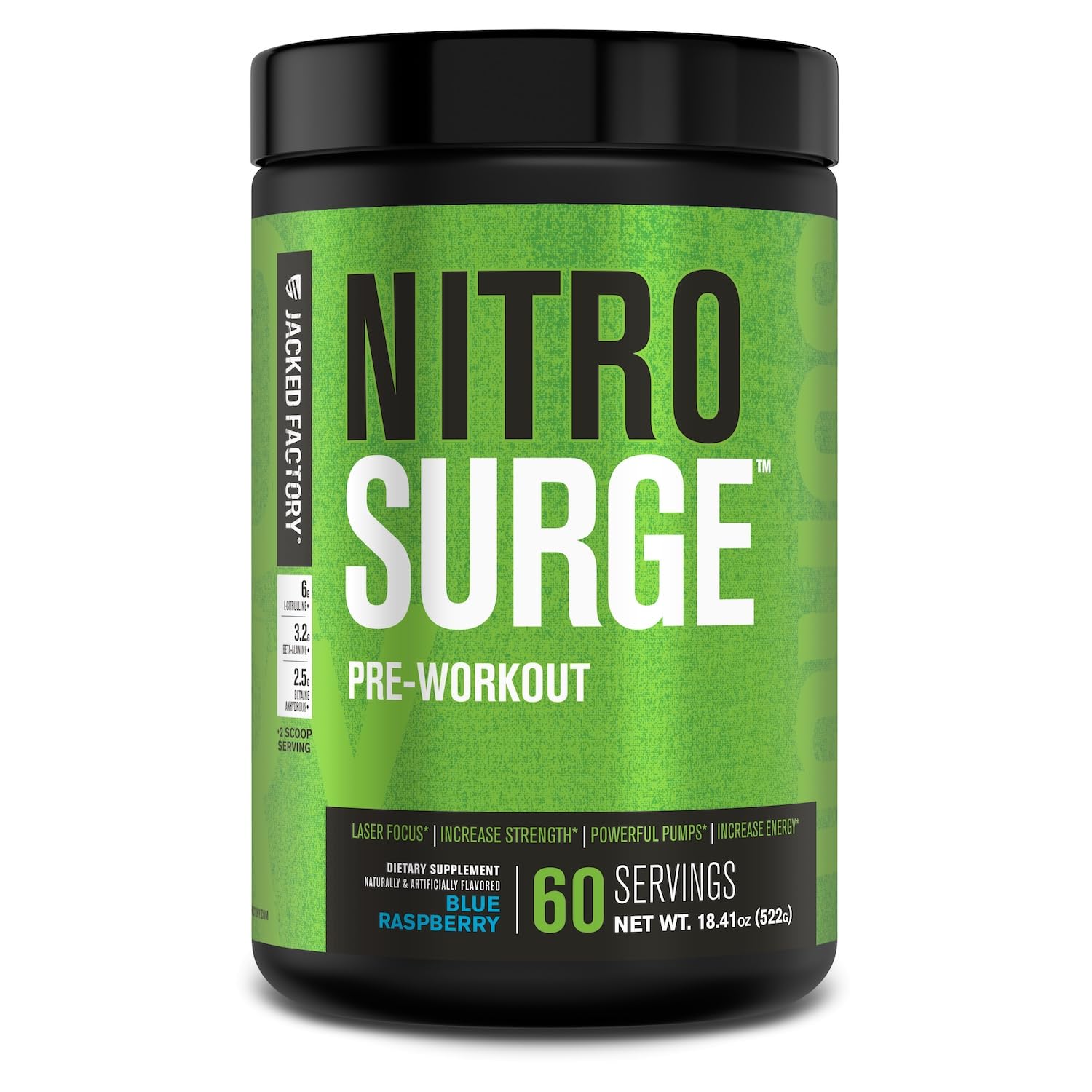 Jacked Factory Nitrosurge blue raspberry bottle ready to mix for energized workouts