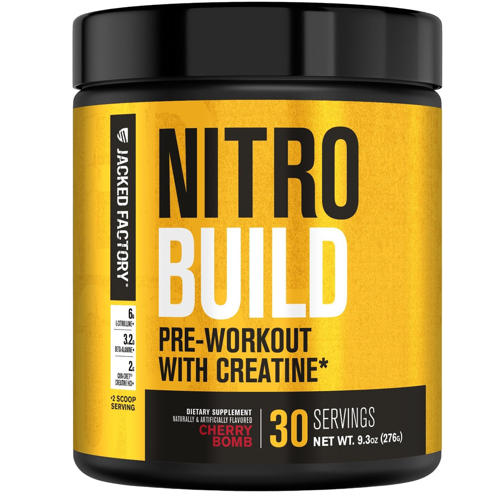 Jacked Factory Nitrosurge Build tub front view showcasing Cherry Bomb flavor for workouts