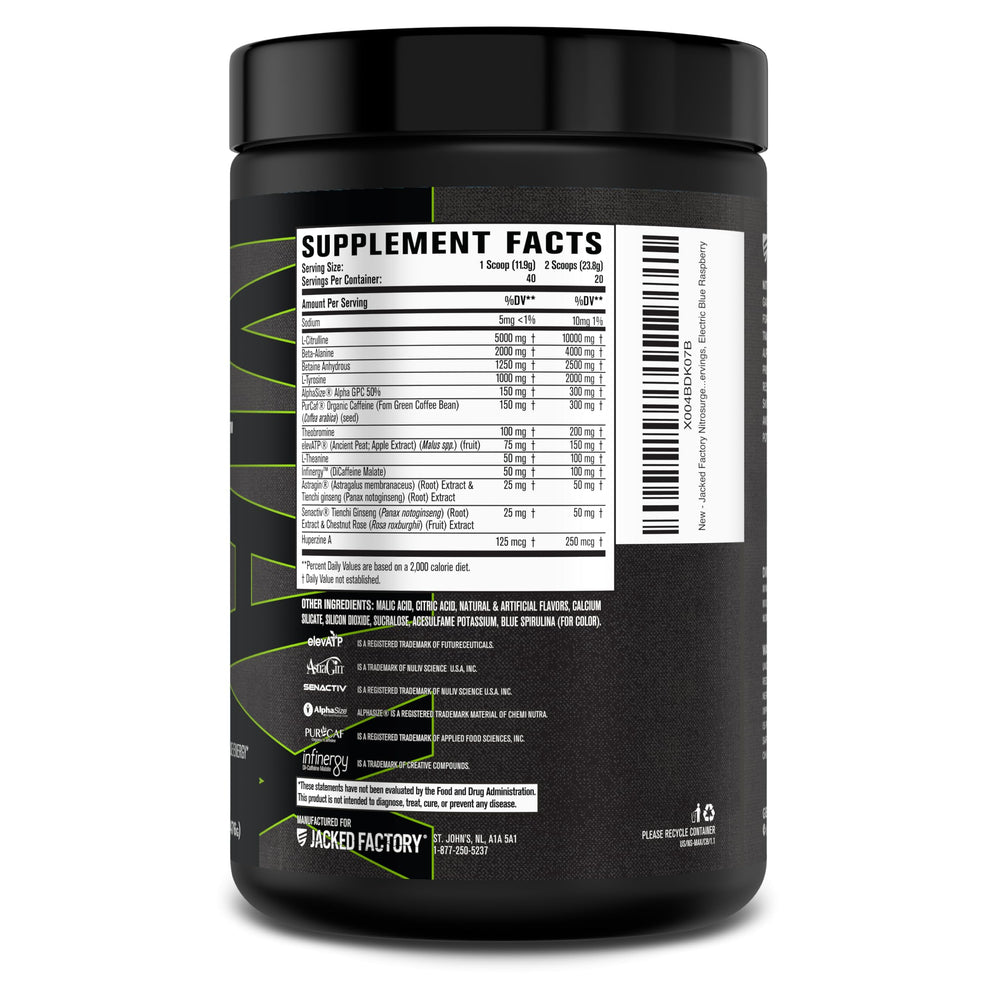 Nutrition facts detail Nitrosurge Max nootropic blend supporting cognitive focus.