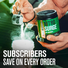 Nitrosurge powder scoop showing serving size for strong pumps and focus