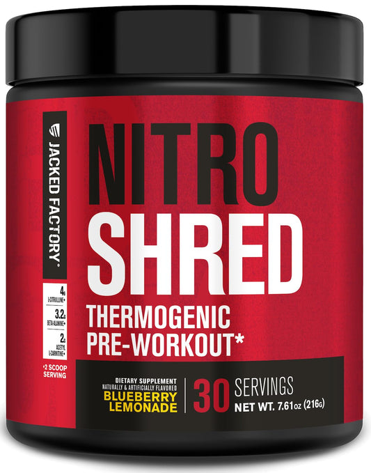 Jacked Factory Nitrosurge Shred can in Blueberry Lemonade boosts energy for workouts