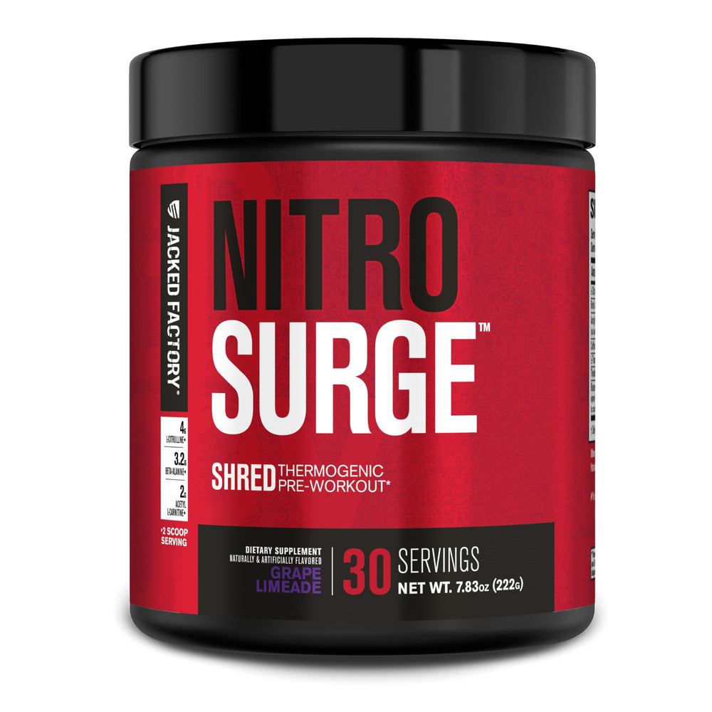 Jacked Factory NITROSURGE Shred bottle front promotes lean energy for workouts.