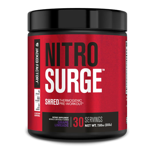 Jacked Factory NITROSURGE Shred bottle front promotes lean energy for workouts.