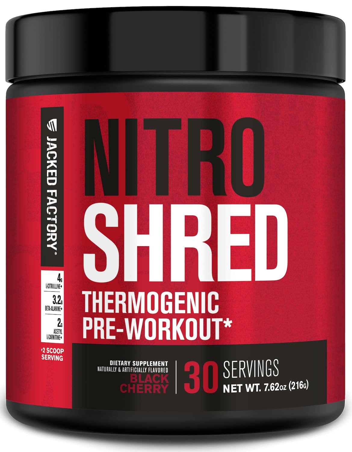 Jacked Factory Nitrosurge Shred bottle label shown for energy-boosting pre-workout use.