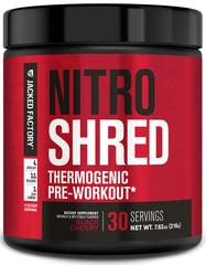 Jacked Factory Nitrosurge Shred bottle label shown for energy-boosting pre-workout use.