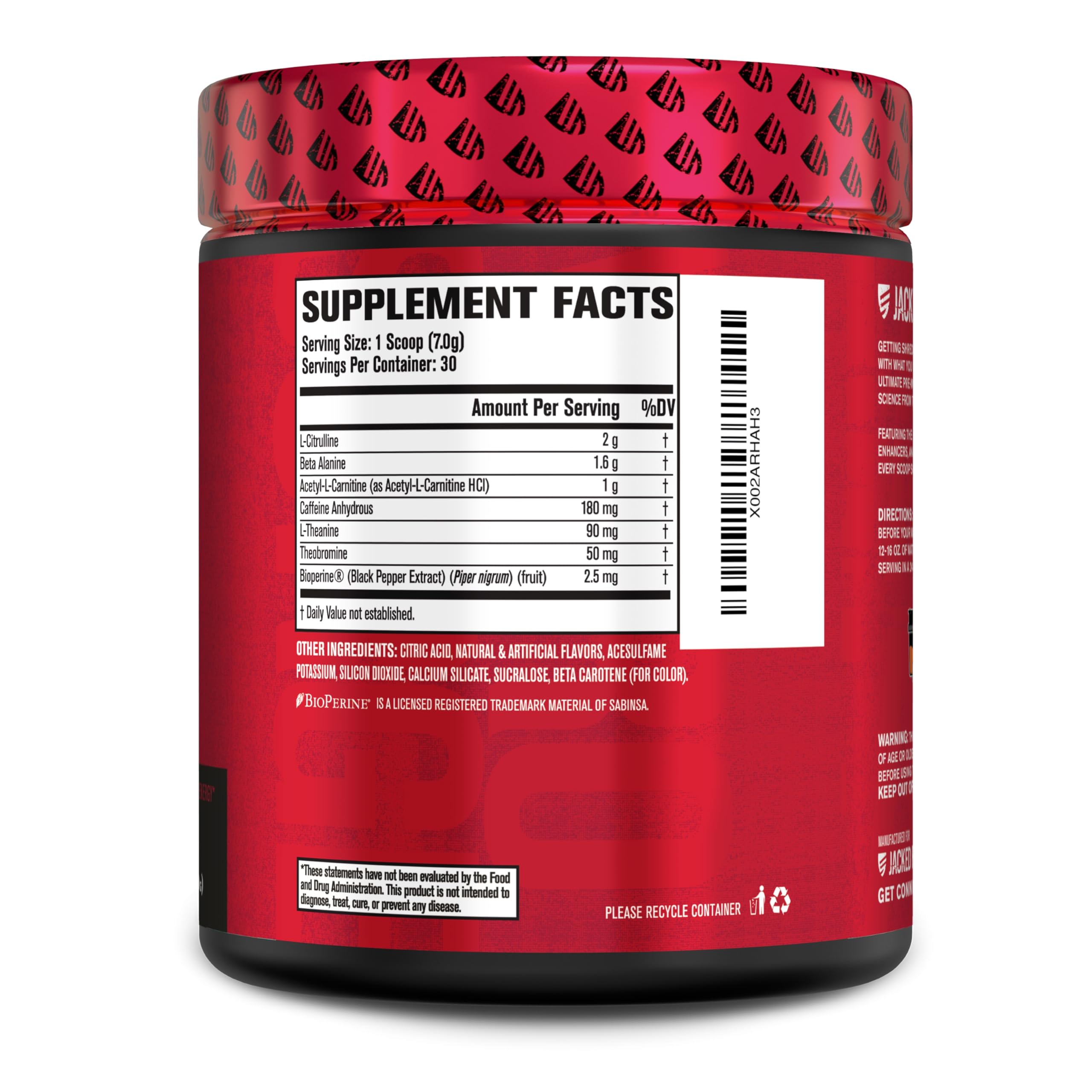 Jacked Factory Nitrosurge Shred bottle highlights no artificial dyes claim.