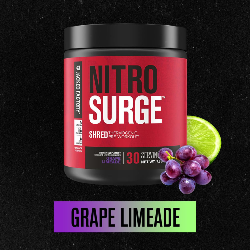 NITROSURGE Shred scoop shows precise serving sizes for consistent training energy.