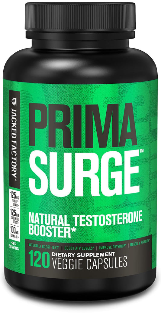 Jacked Factory Primasurge bottle on a gym bench for daily vitality