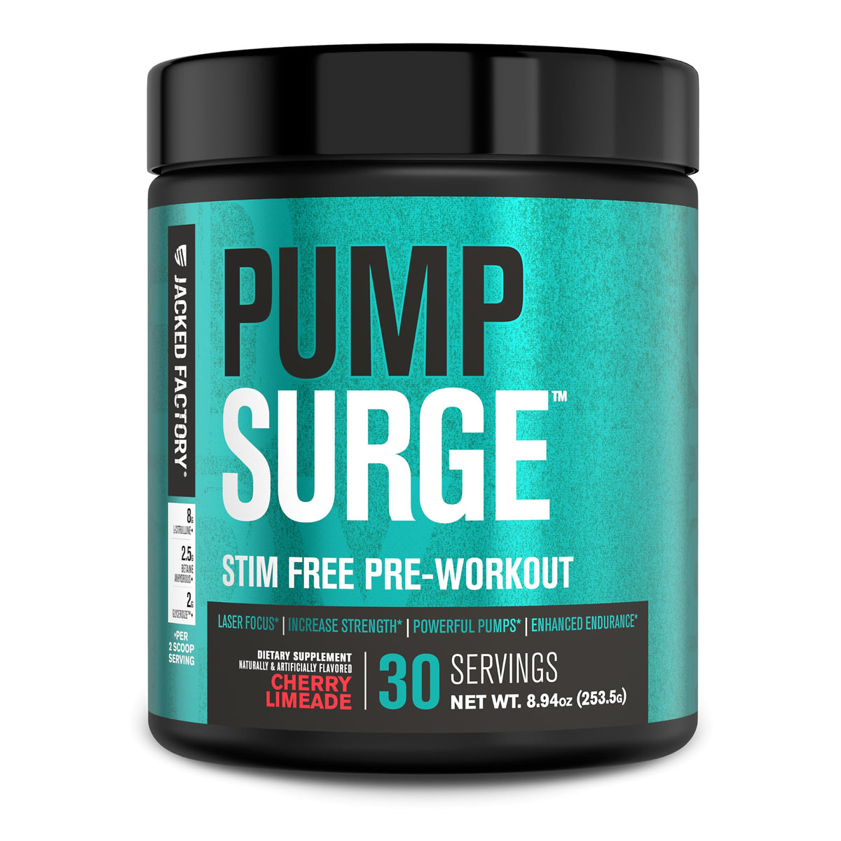Jacked Factory Pumpsurge bottle in Cherry Limeade for caffeine-free pumps and focus