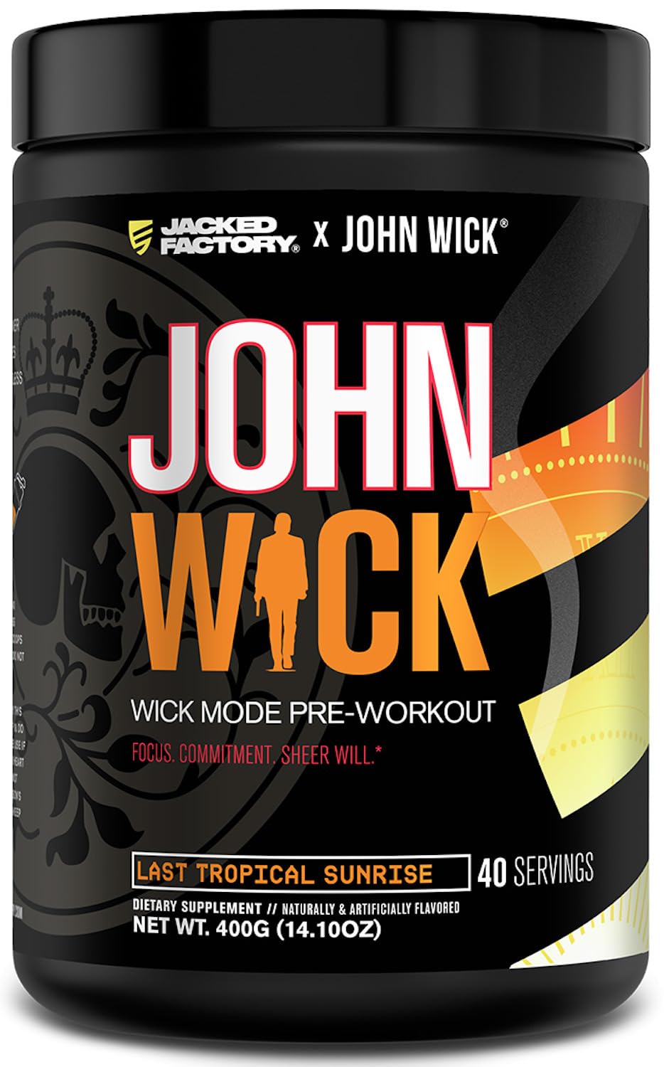 Jacked Factory Wick Mode bottle label highlighting tropical sunrise flavor for workouts