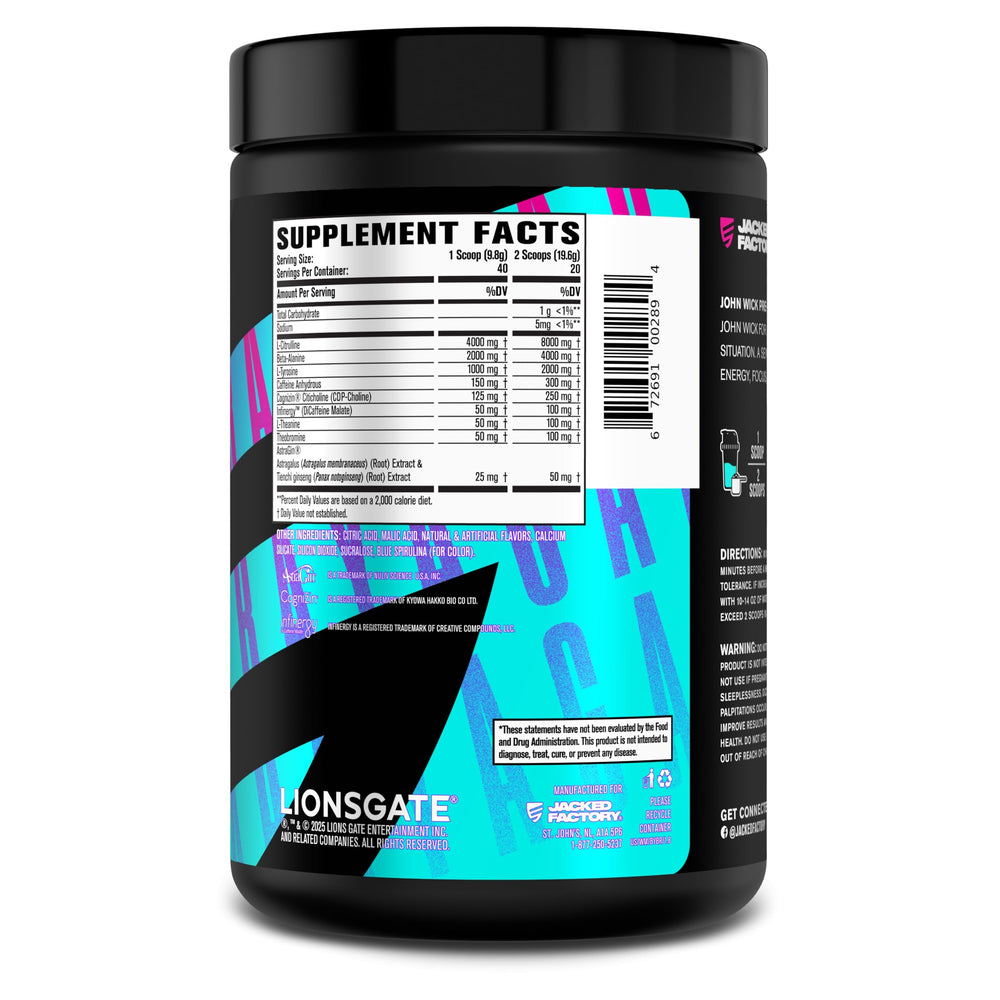 Jacked Factory Wick Mode packaging shot highlights 40 servings value.